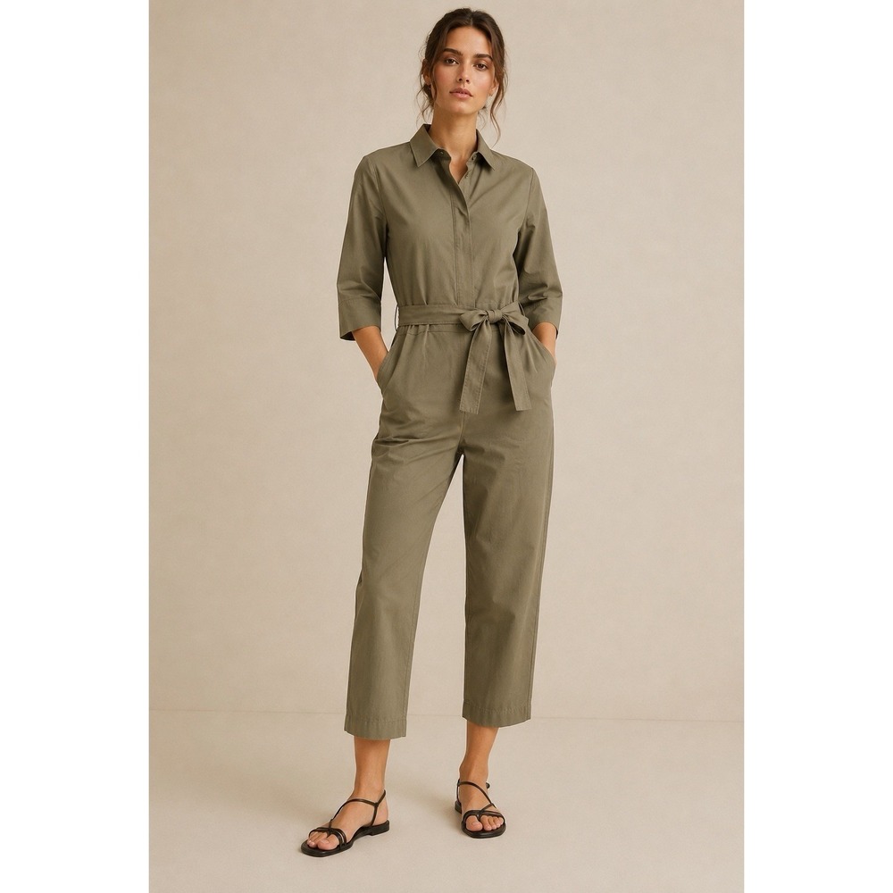 Mango Womens US S Khaki Utility Jumpsuit Belted Wide Leg Sustainable Cotton NWT